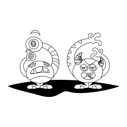 funny monsters couple comic characters monochrome vector