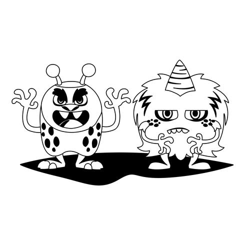 divertidos monstruos pareja comic personajes monocromo vector