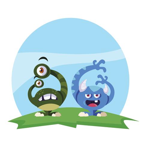 funny monsters couple in the field characters colorful vector