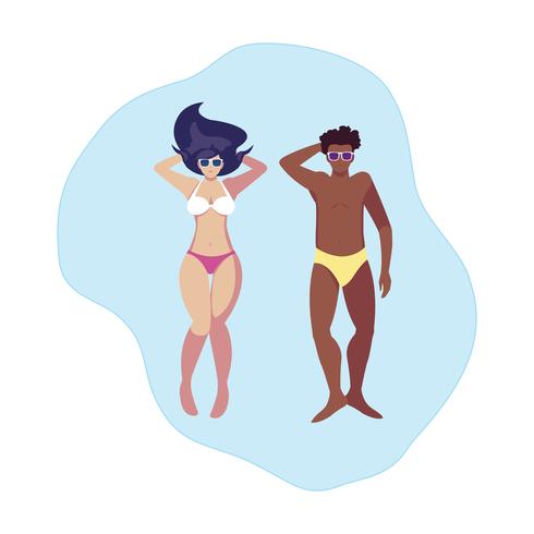 interracial couple with swimsuit floating in water vector