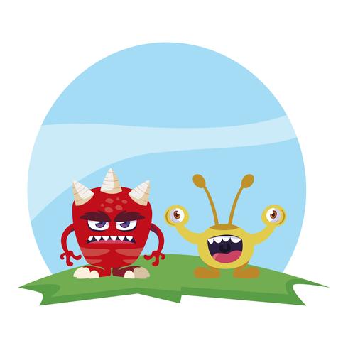 funny monsters couple in the field characters colorful vector