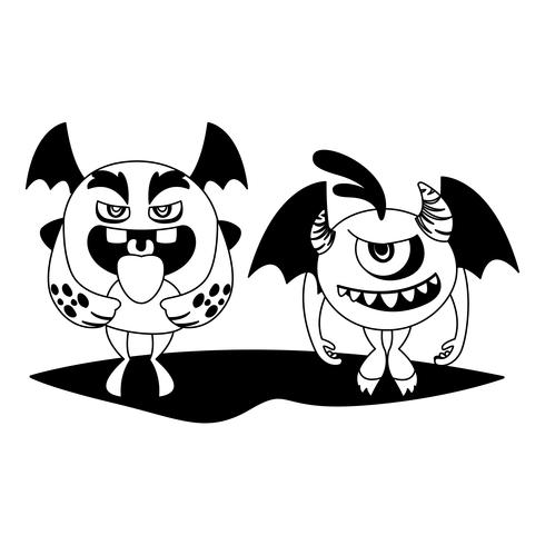 divertidos monstruos pareja comic personajes monocromo vector