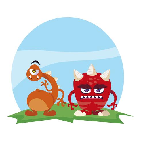 funny monsters couple in the field characters colorful vector