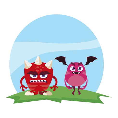 funny monsters couple in the field characters colorful vector