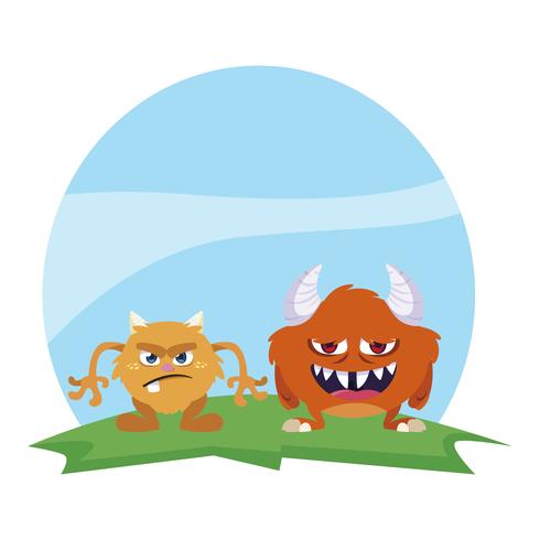 funny monsters couple in the field characters colorful vector