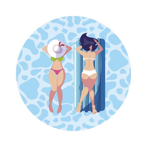 beautiful girls with float mattress floating in water vector