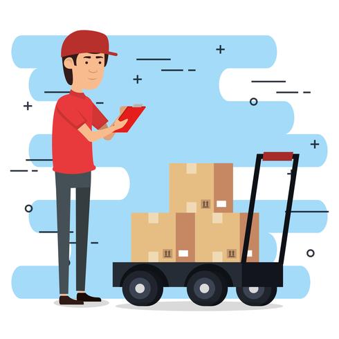 delivery worker with cart boxes character vector