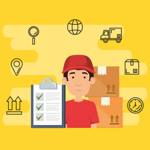 delivery worker with set icons vector