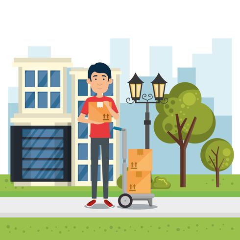 delivery worker with cart boxes character vector