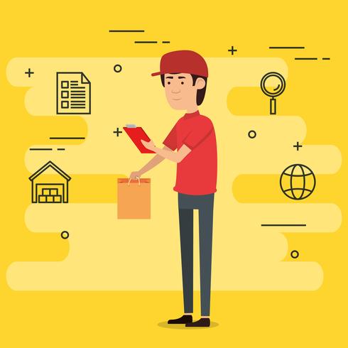 delivery worker with set icons vector