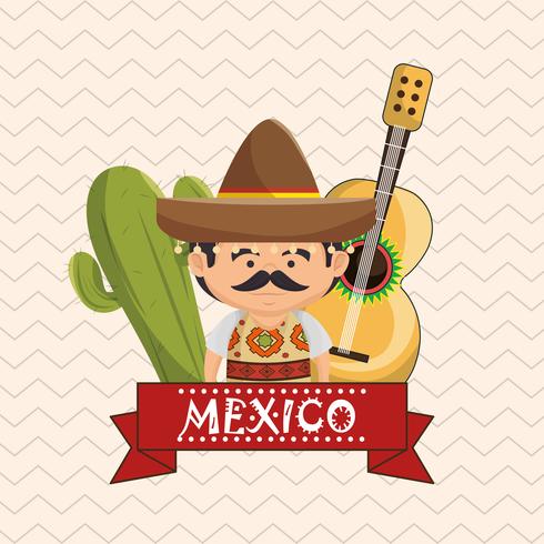 hombre mexicano personaje con iconos de cultura vector