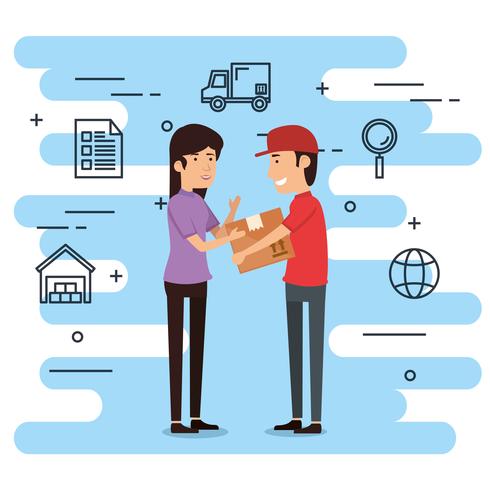 delivery worker with set icons vector