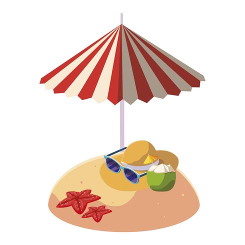 Playa de arena de verano con sombrilla y sombrero de paja. vector