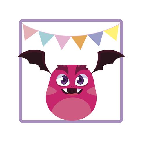 square frame with monster flying and party garlands vector