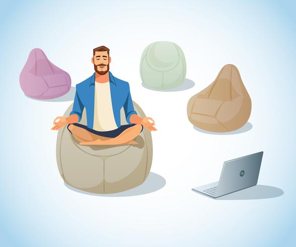 Freelancer meditando en una bolsa de frijoles vector