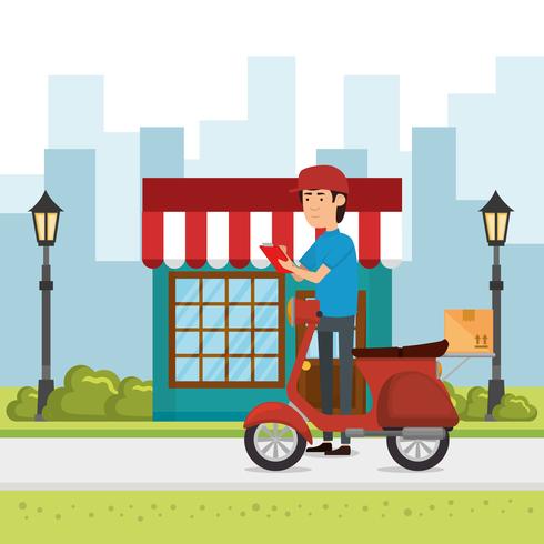 delivery worker with motorcycle character vector
