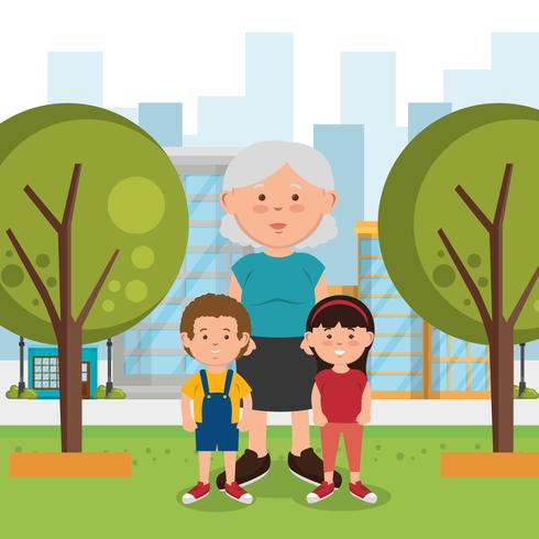 Abuela y niños en el parque vector