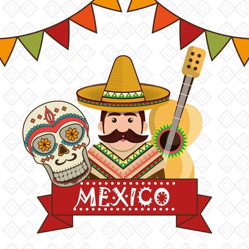 Carácter de hombre mexicano con iconos de cultura vector