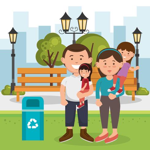 Familia del parque con papelera de reciclaje. vector