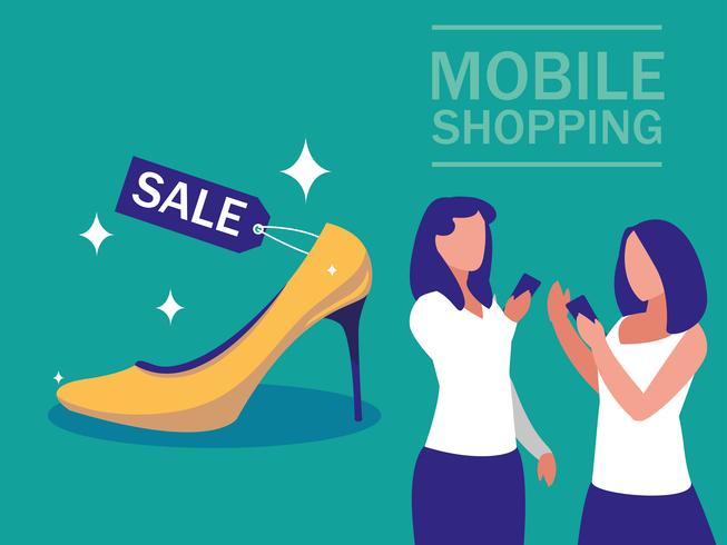mini people with smartphone and shopping online vector