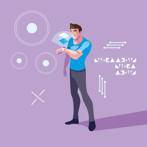 Hombre usando tecnología de realidad aumentada. vector