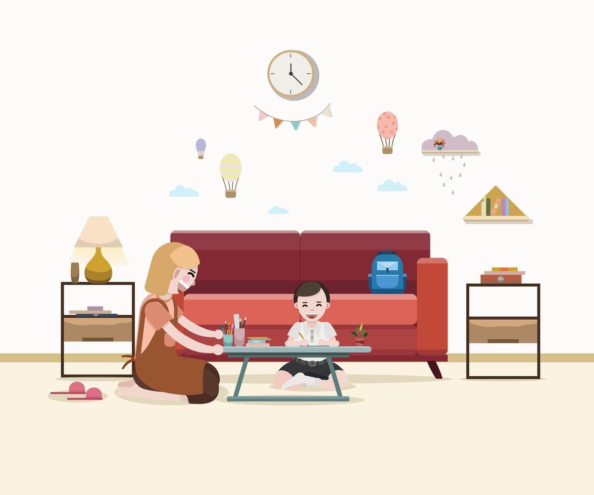 Mother teaching boy homework vector