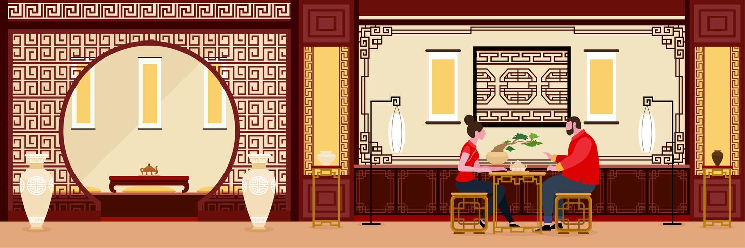 Chinese living room with couple talking vector