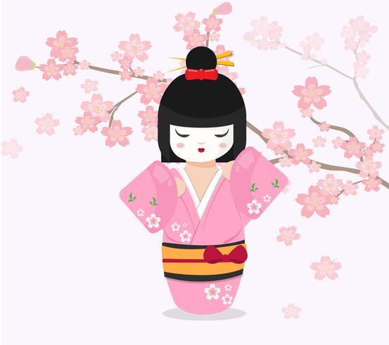 Muñeca japonesa con fondo de cerezo vector