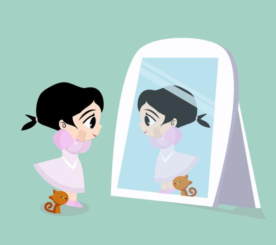 Girl looking and cat standing in front of the mirror vector