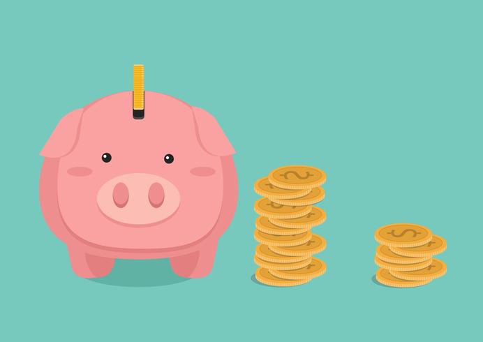 flat illustration Piggy bank and Golden coin stacks vector