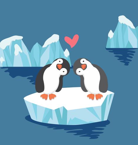 Pareja de pingüinos enamorados en témpano de hielo vector