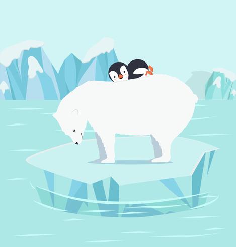 pingüinos durmiendo con osos polares en el Ártico del Polo Norte vector