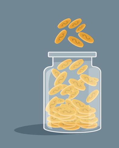 Saving flat coin in jar vector
