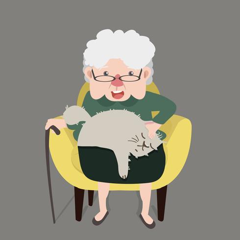 Happy Grandmother sitting Yellow modern chair with cat vector