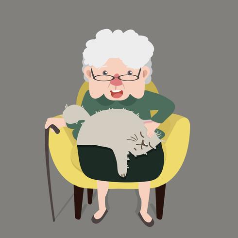 Feliz abuela sentada silla moderna amarilla con gato vector