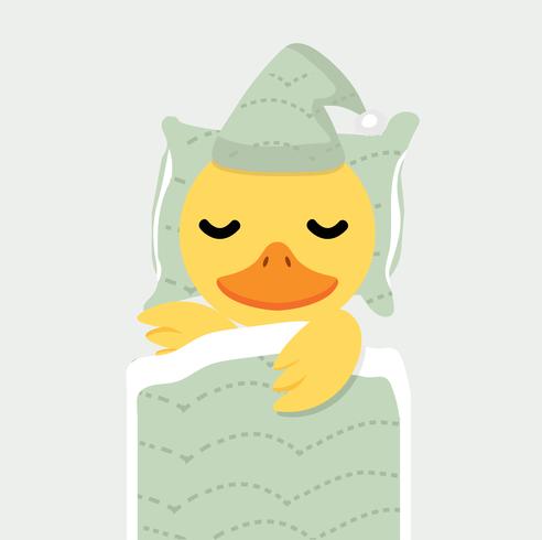 Pato amarillo lindo pollito durmiendo dibujos animados vector