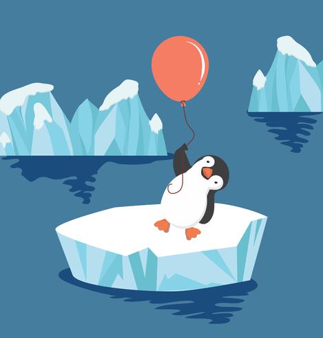 Pingüino con globo en témpano de hielo vector