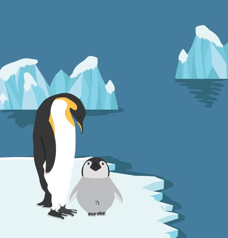 Pingüinos Emperador con pollito en témpano de hielo vector
