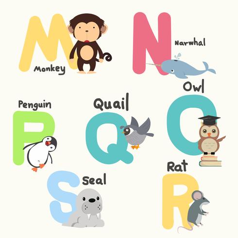 Alfabetos de animales para niños de M a S vector