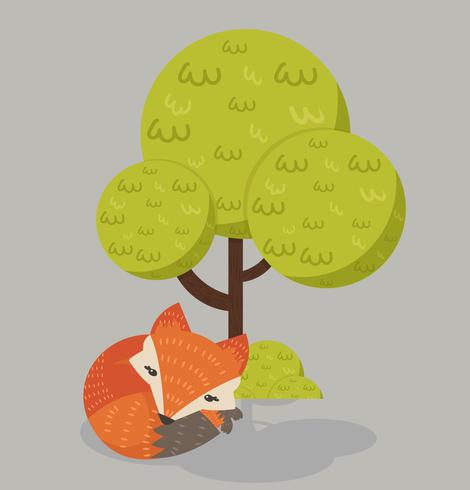 Cute Red Fox Sleeping Under Tree vector