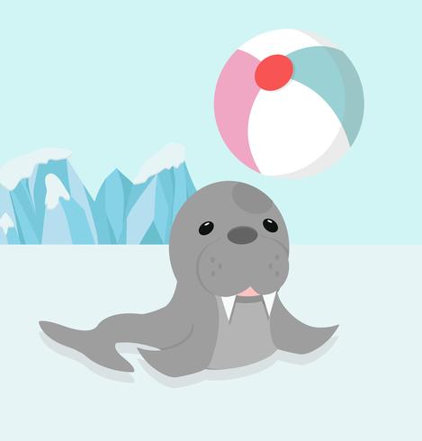 dibujos animados de lobo marino lindo disfrutar con bola de sonrisa vector