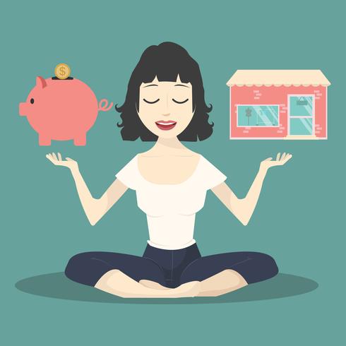 Meditating concept with Piggy Bank and Shop vector