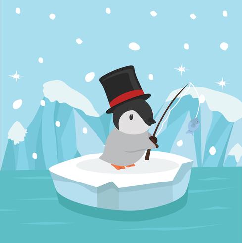 Lindo pingüino pescando en témpano de hielo vector