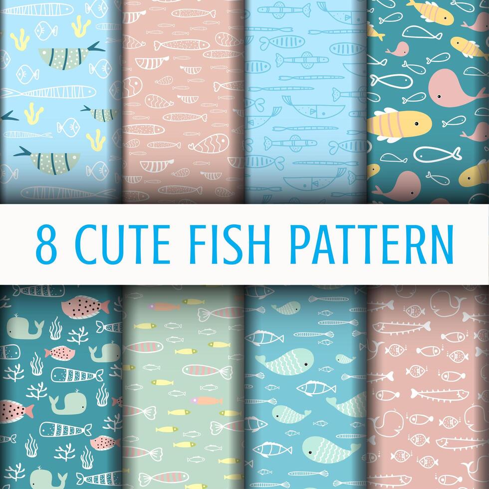 8 Cute Fish pattern background vector