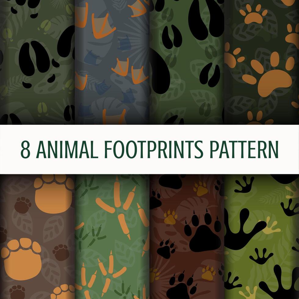 8 Animal Footprints pattern background set collection vector