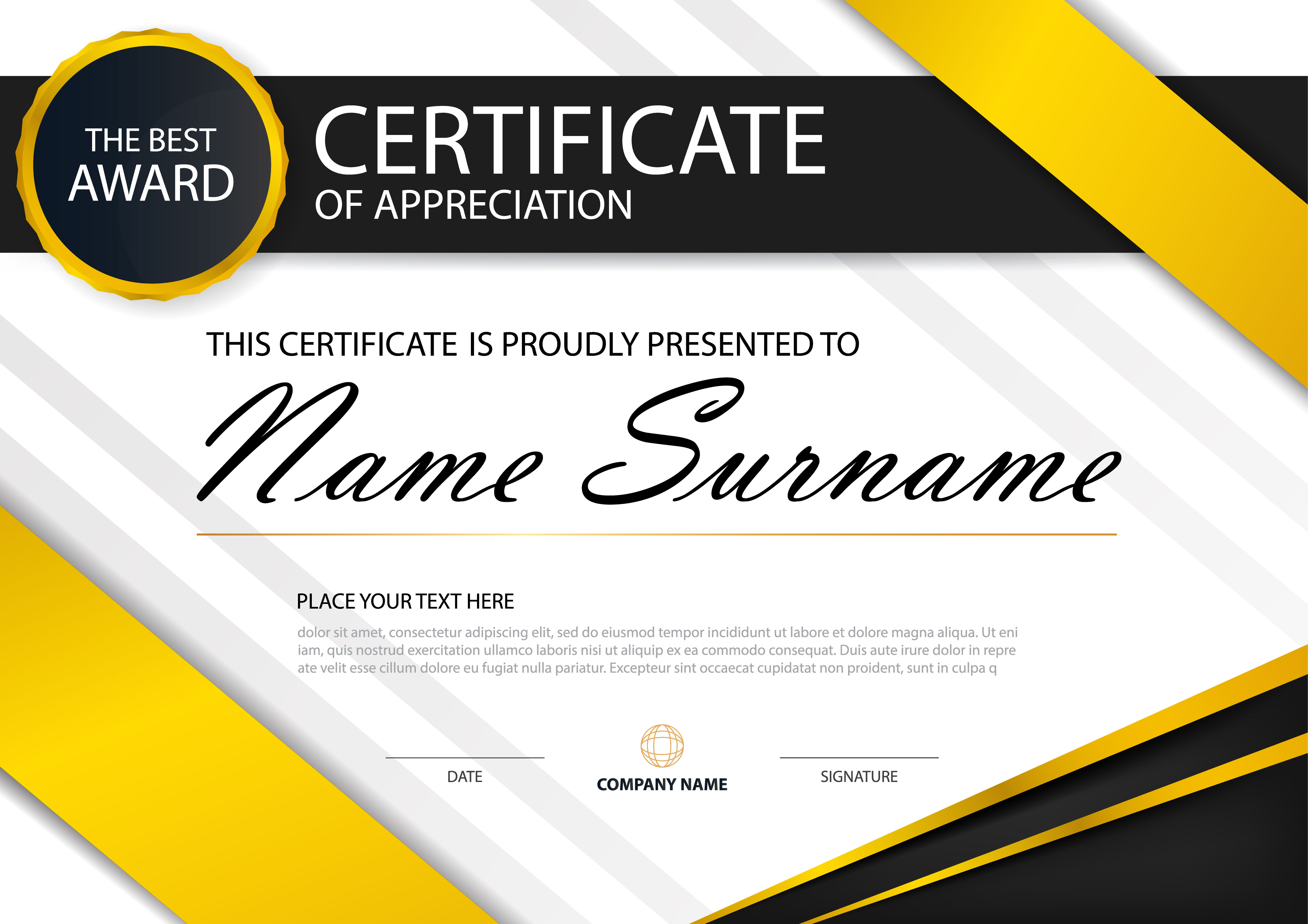 Yellow Elegance horizontal certificate with Vector illustration ,white