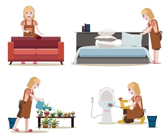 Maids Work Set. Women with cleaning equipment Isolated vector. Housekeeper job. vector