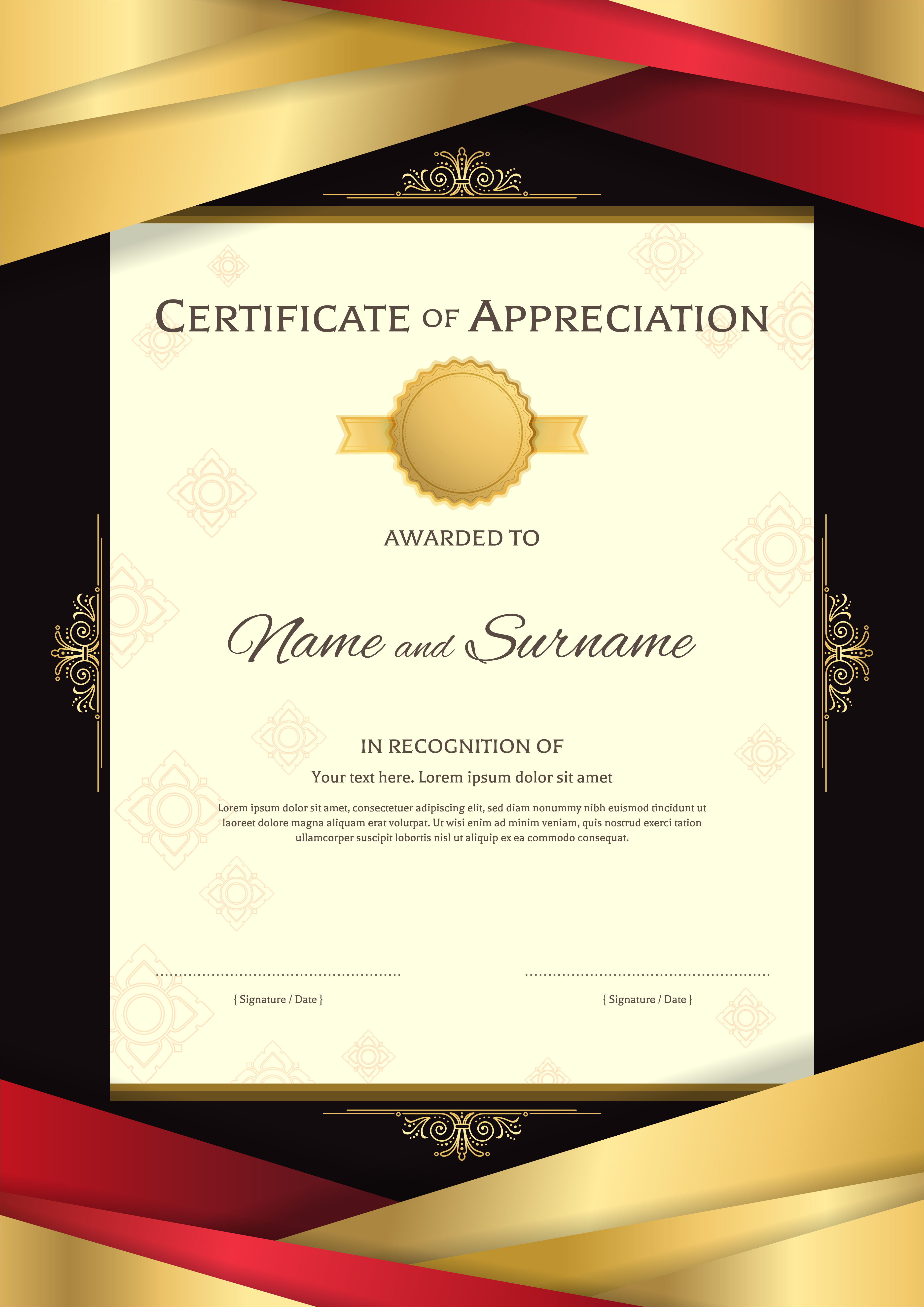 Portrait luxury certificate template with elegant golden border frame