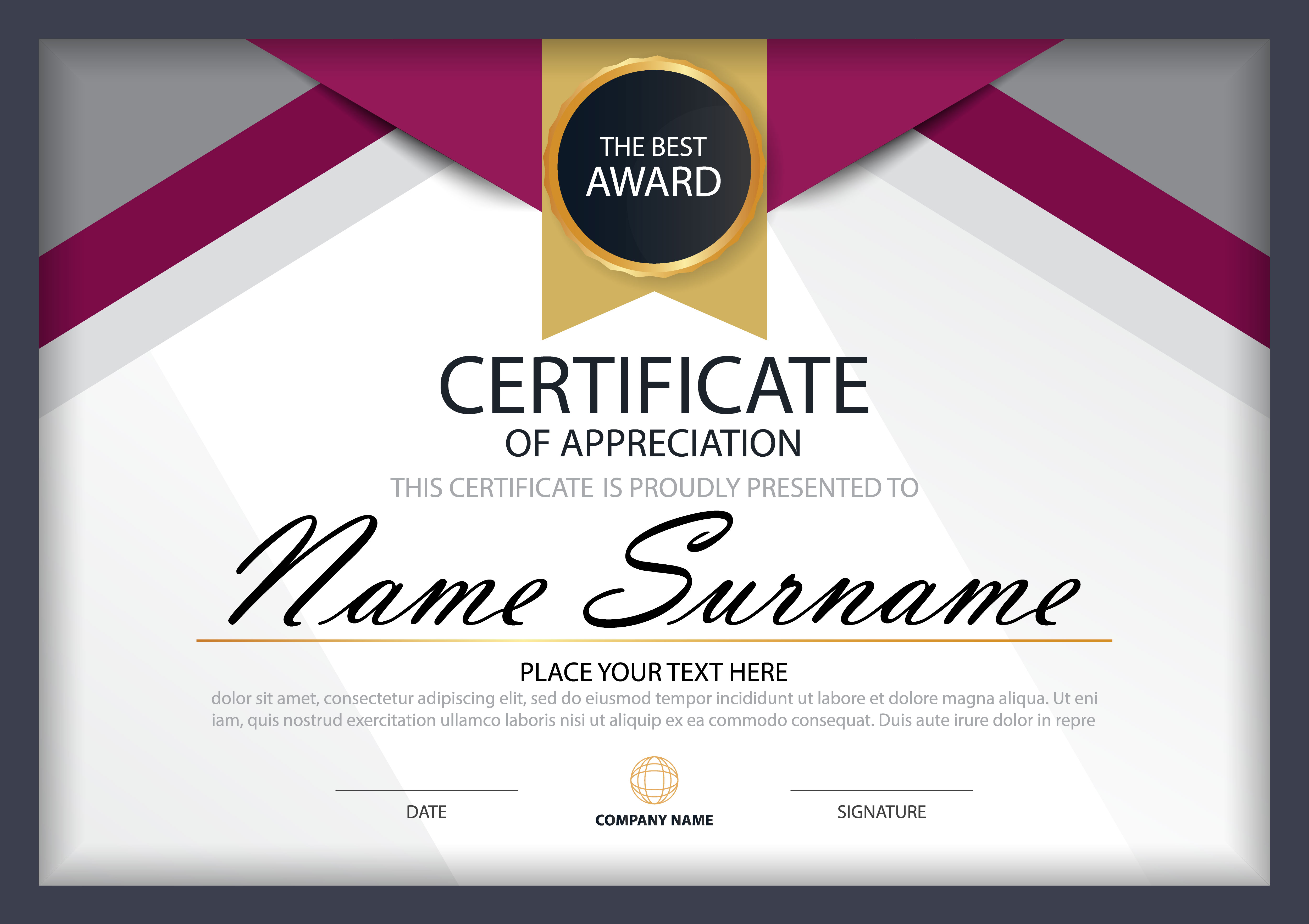 Pink Elegance horizontal certificate with Vector illustration ,white