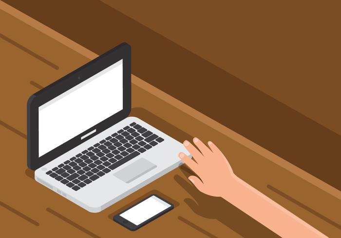 Laptop on wooden desk Technology vector